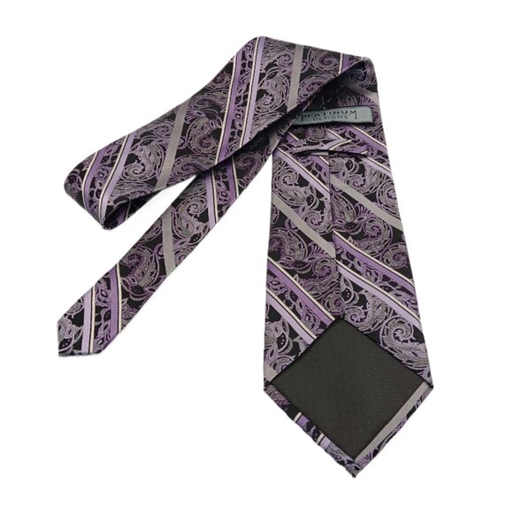 Platinum Designs Silk Tie Men’s XL 65” Purple Gray Paisley Stripe Whimsical Wide - Picture 3 of 3